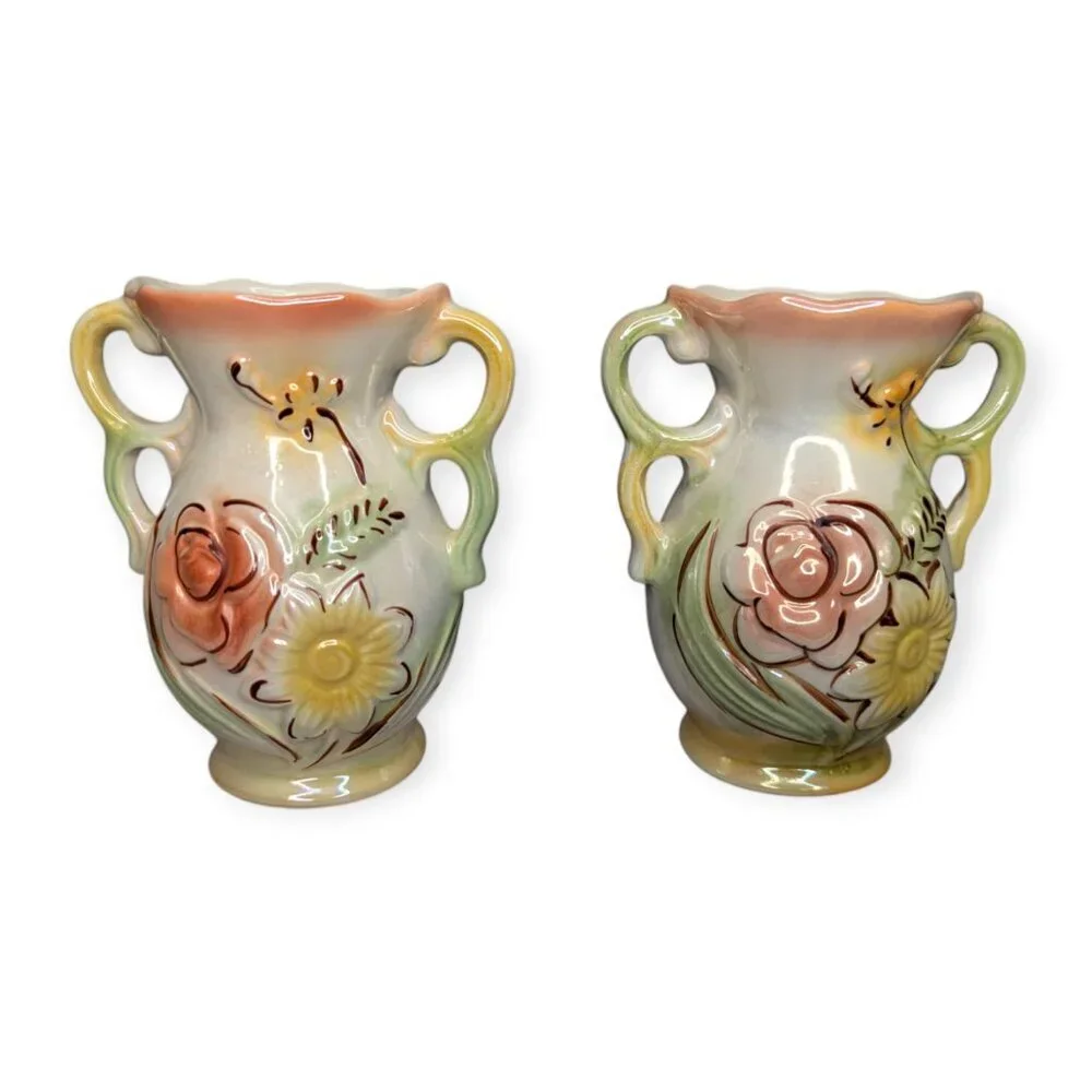 Vintage Ceramic Lusterware Floral Double Handle Vase Brazil Set of 2 5